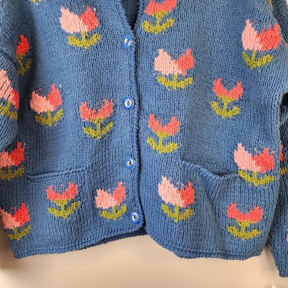 Rare NWT Vintage Amano S/M Hand Knit Cotton Cardigan Tulips Floral Blue Bolivia - Picture 4 of 10